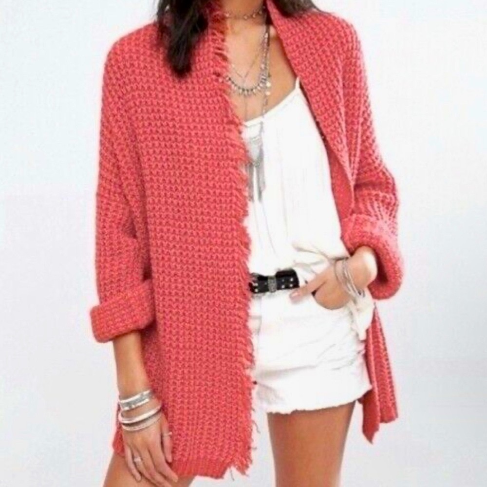 FREE PEOPLE Silk Cotton Open Cardigan Sweater | Fringe Waffle Knit | Silk Blend